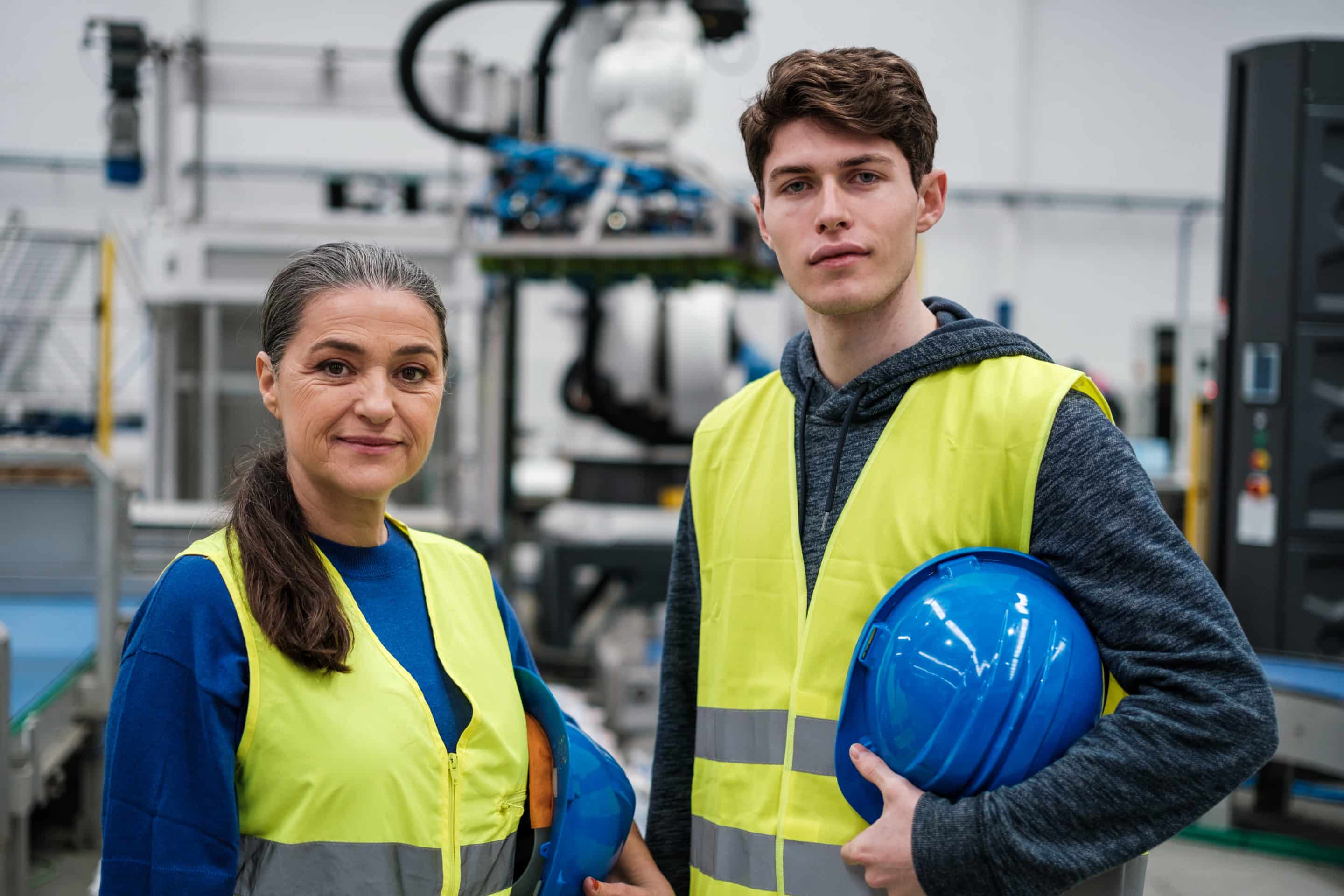 Travailleurs d'usine avec casques de sécurité bleus